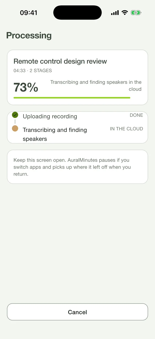 AuralMinutes transcribing a four-minute meeting in the cloud: the upload is done and speakers are being found.