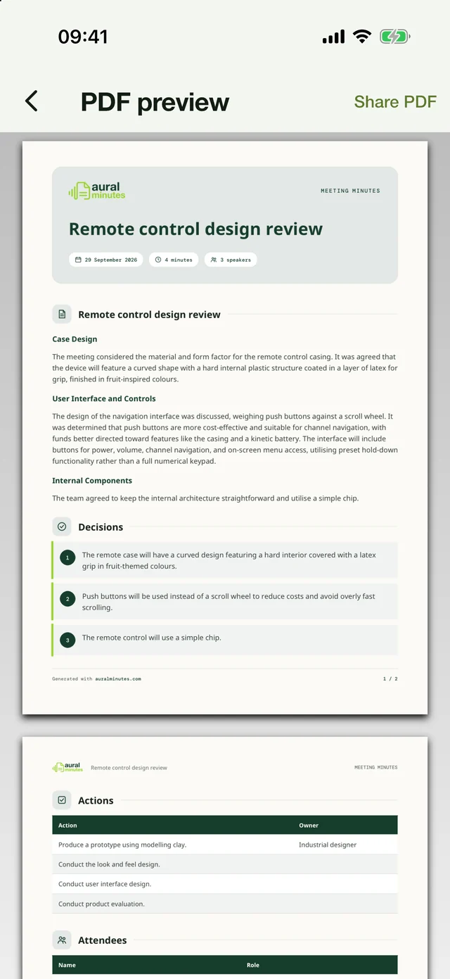 The finished minutes as a PDF preview in AuralMinutes.